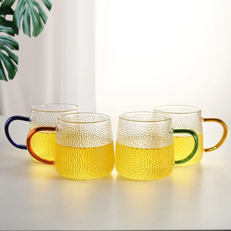Hammer Grain Glass Cup Gold Handle Handblown High Borosilicate Glass Mug With Bamboo Lid