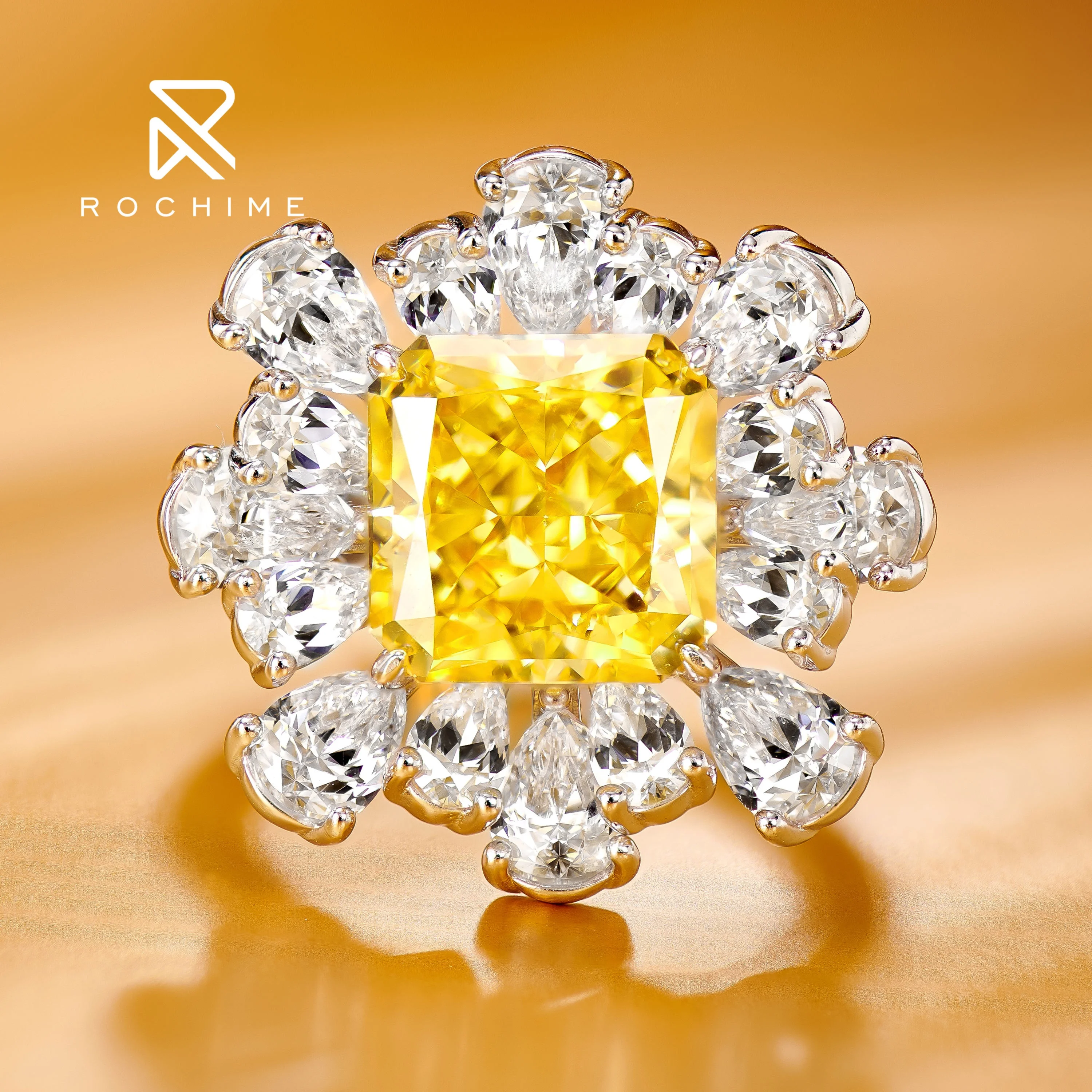 Rochime  fashion jewelry  yellow diamond ring 925 sterling silver engagement ring women fine jewelry