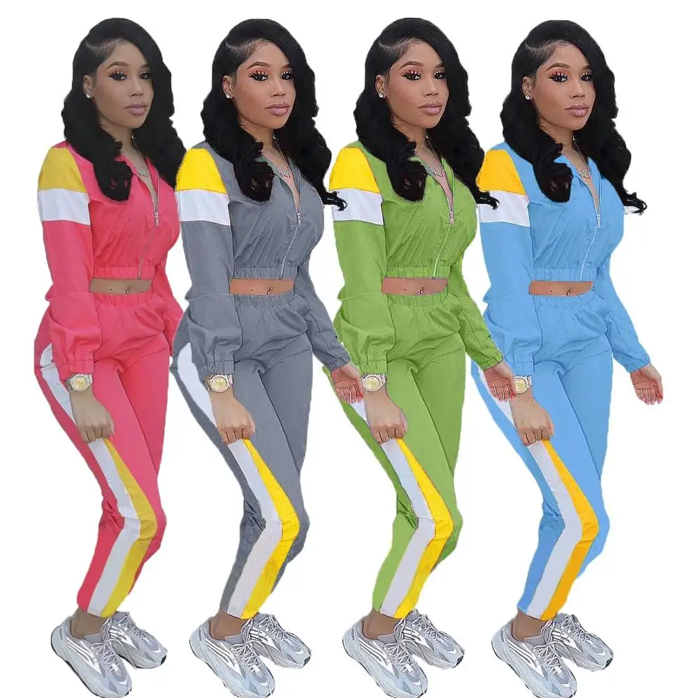 New Arrivals 2021 Clothing Women Color Block Two Piece Outfits Tracksuit Sports Joggers Windbreaker Jacket Women 2 Piece Sets