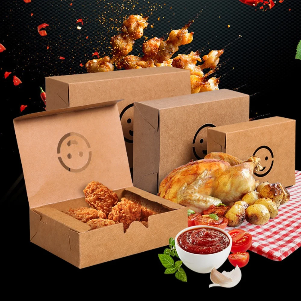 Biodegradable Chicken Takeout Hot Fast Food Fried Boxes Lunch Takeaway Box Disposable Rigid Boxes KS Kraft Paper Packaging Brown
