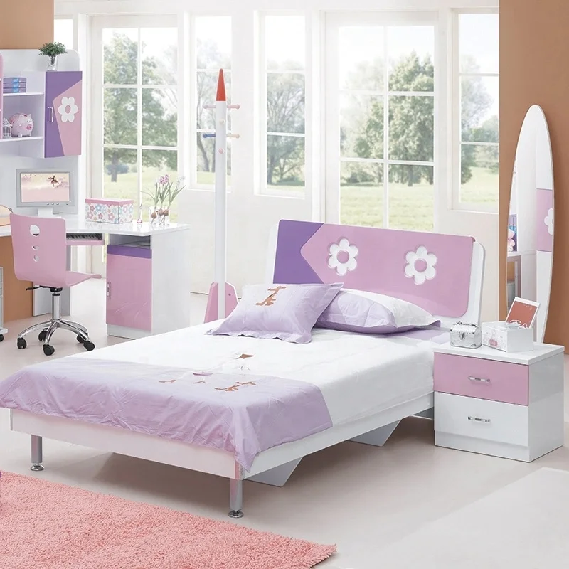 NOVA 20KAD046 Lacquer Painting Modern Design Girls Bedroom Set Furniture Flower Pattern Wooden Kids Sleeping Bed
