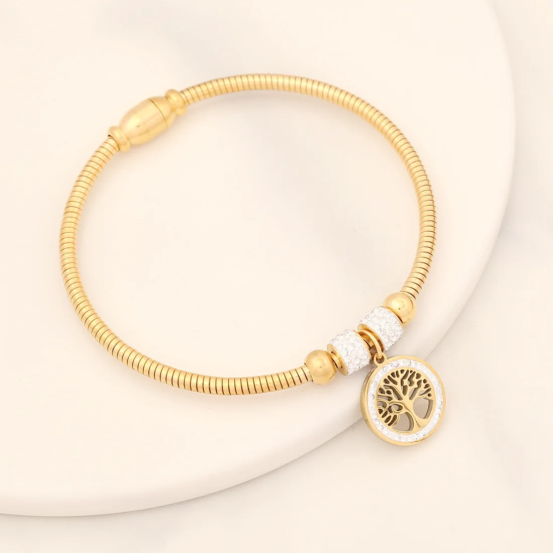 14k Gold Plated Snake Chain Bracelets Magnet Button Stainless Steel Tree Of Life Bracelet Heart Charm Bracelet Wholesale