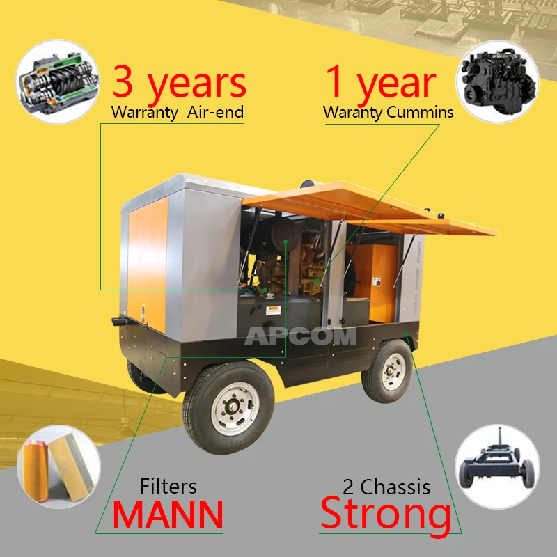 APCOM aircompressors diesel screw air compressor 20bar high pressure portable screw aircompressor for mine drilling rig