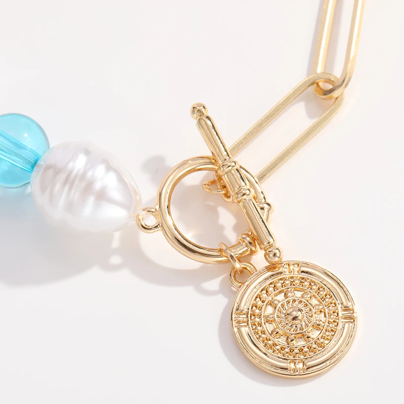 2022 Spring Summer Paper clip Chain Pearl Necklace Drop Pendant Earring Bracelet Set Seed Beads Pendant Gold jewelry set