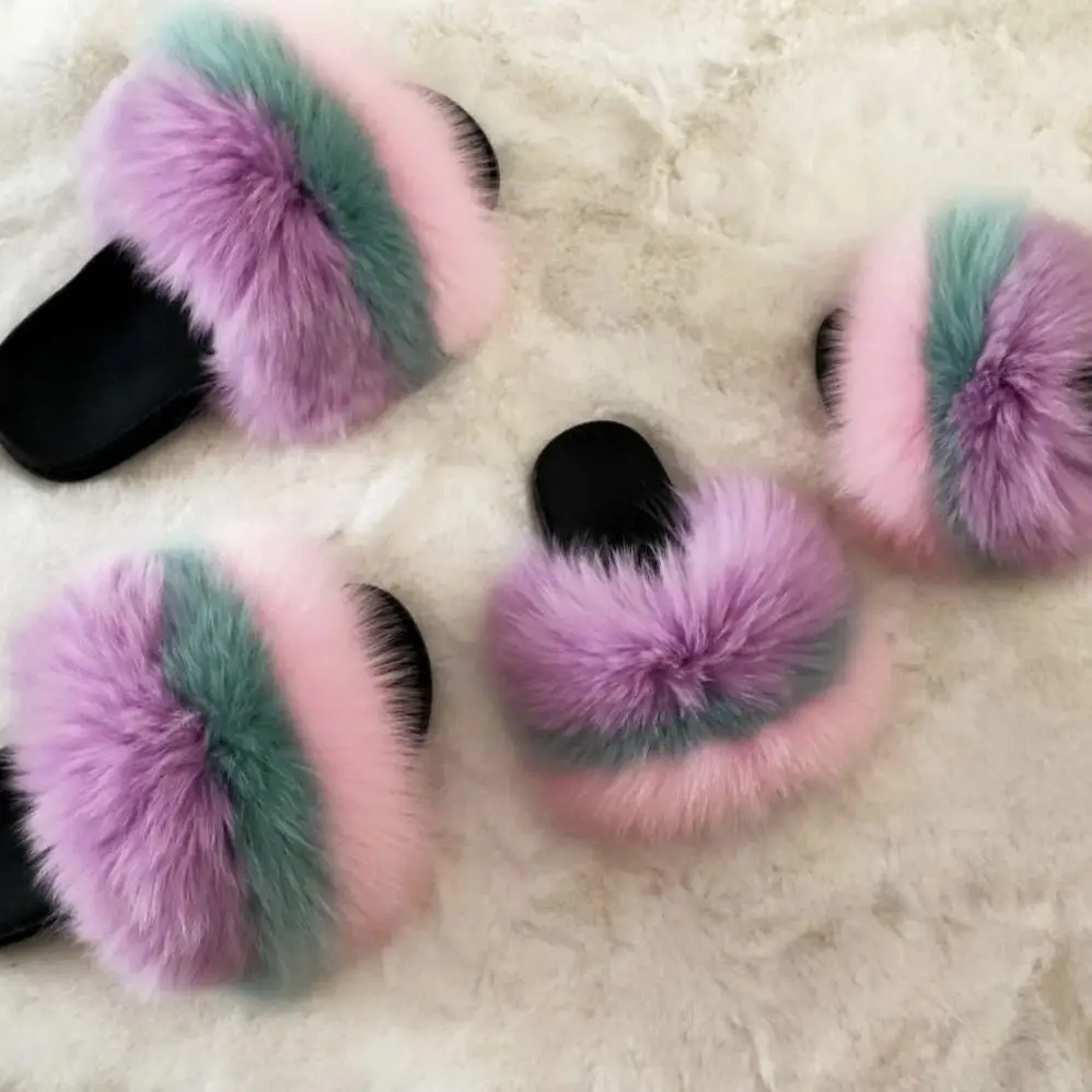 custom indoor oem logo blue real fox fur fluffy slides sandals slipper for women