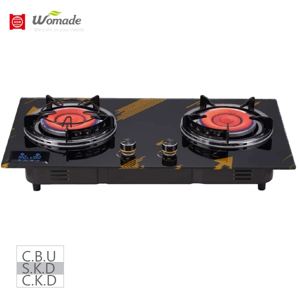 Malaysia hot sell 75cm double burner infrared gas cooker, built-in type glass hob with timer