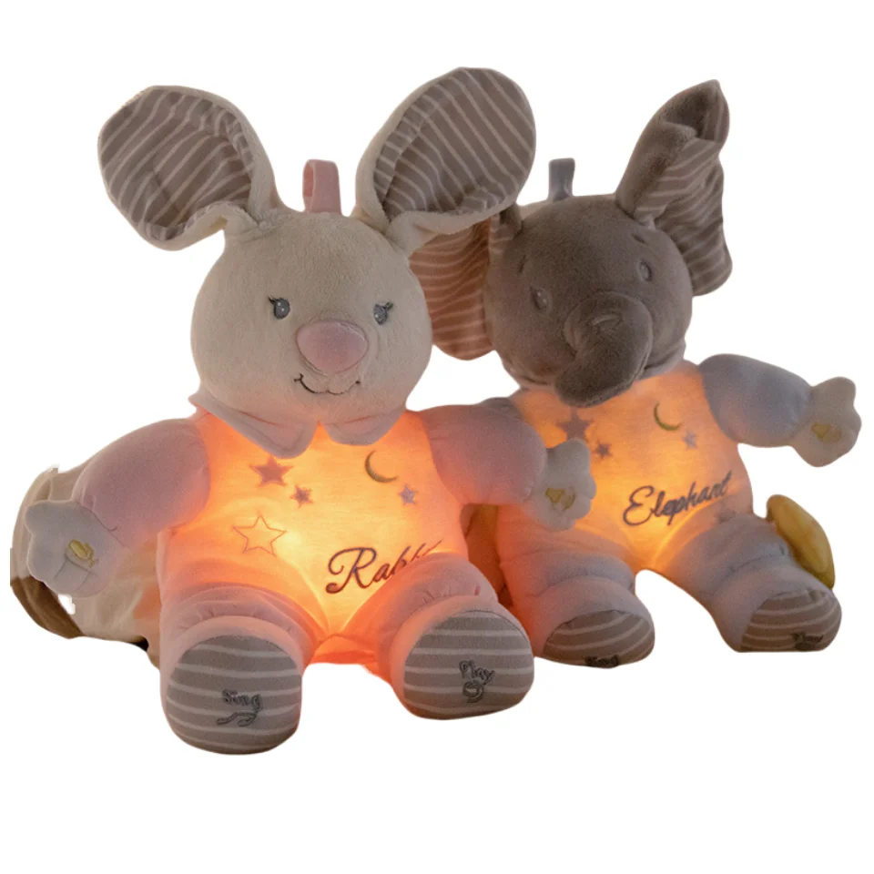 New Released Polyester Toddler Plush Music Toy With Glowing Light Baby Appease Stuffed Elephant Custom teddy bear plush toy skin