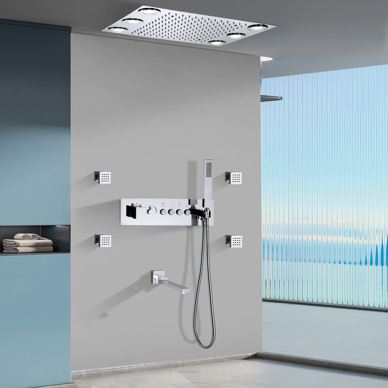 Bathroom Ceiling 20*14 inch LED Shower System Rainfall Chrome Thermostatic Valve body With Water Flow Control Lever Shower Set