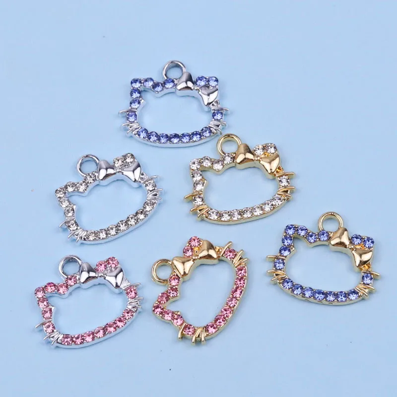 10pc/bag DIY alloy cartoon shiny kitty cat shape pendant for jewelry making rhinestone charms bracelet necklace accessories