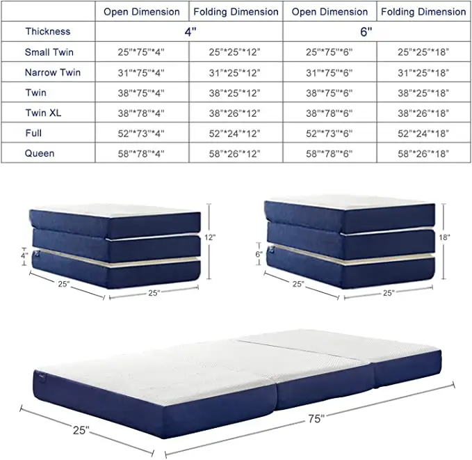 4Inch Full Size Play Mat Guest Bed Tri-fold Memory Foam Folding Mattress with Washable Cover Camping Mattress Available