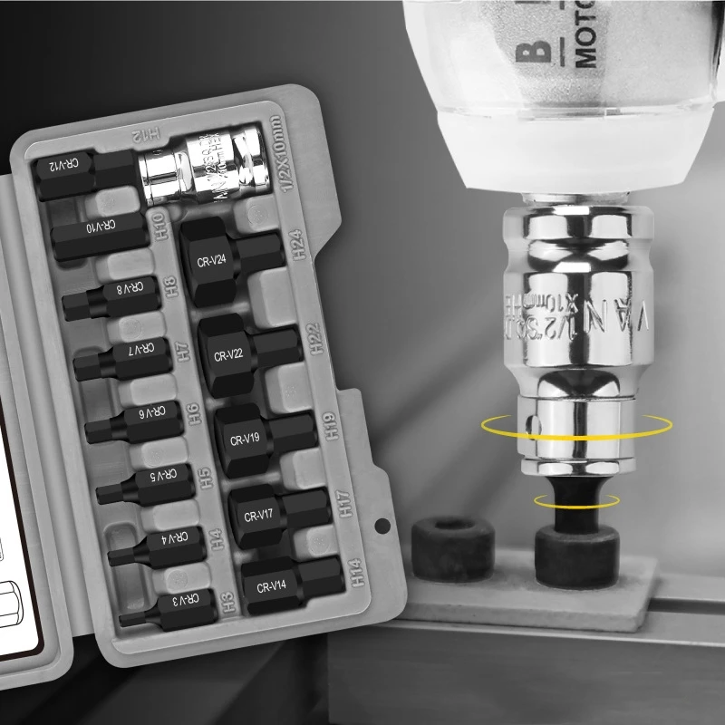 Manufacturer Professional 1/2'  14pcs Hex Bit Socket Set CR-V Metric Standard Plastic Storage Box Maintenance Hand Tools