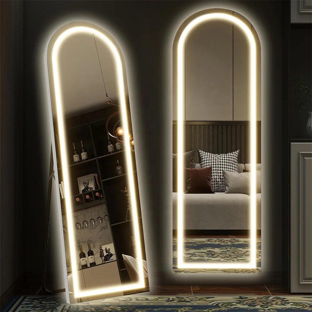 Modern home wall mount illuminated smart LED lighted bathroom mirror decorative large arched floor stand dressing mirror espejos