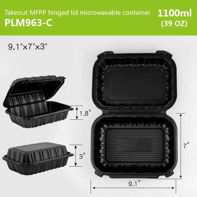 wholesale to go 9 x 6 x 3 inch MFPP eco-friendly hinged lid microwave food container black color plastic lunch box
