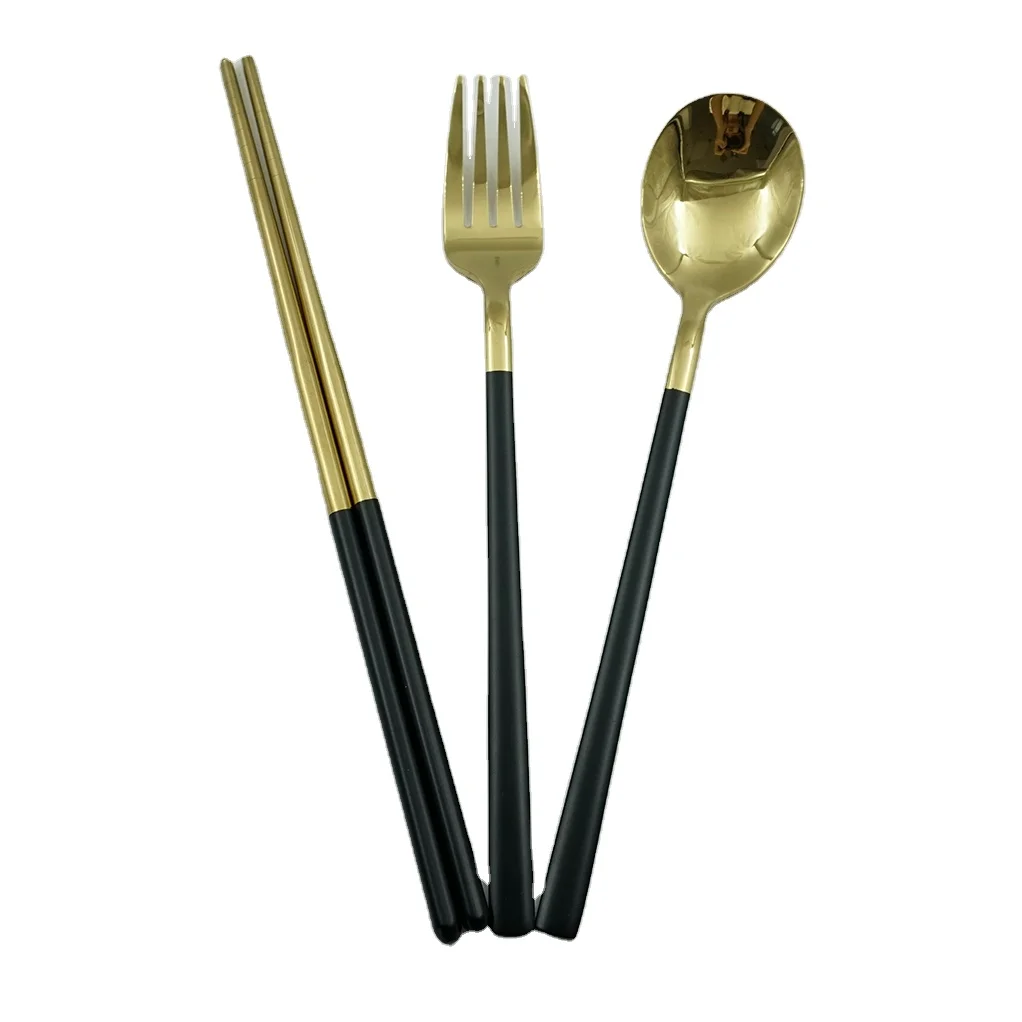 Korean Style Stainless Steel Tableware Stainless Steel Chopsticks Gold Plated Cutlery Set With Box