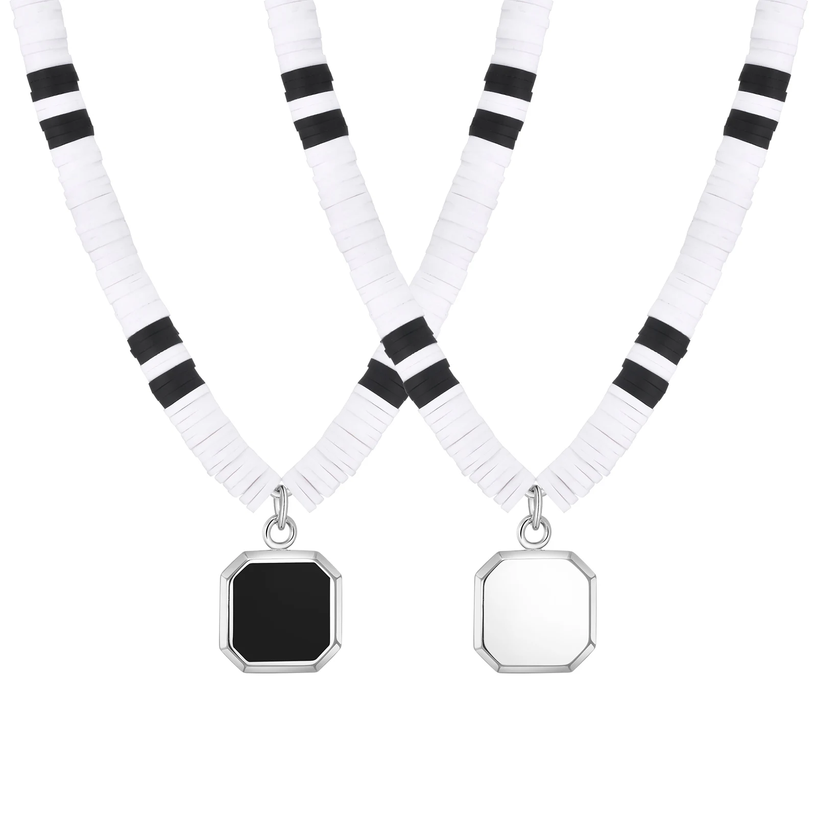 Vnox 2024 Fancy Stainless Steel Drop Glue Square Pendant Black and White Polymer Sheet Necklace