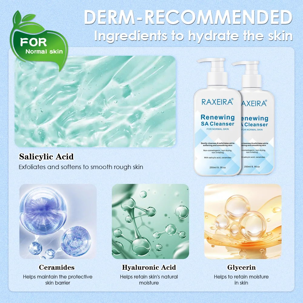 Salicylic Acid Cleanser with Hyaluronic Acid Niacinamide Ceramide for Face BHA Exfoliant