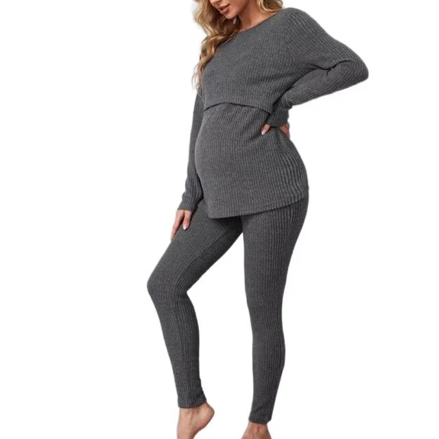 Maternity ribbed knit lift Care top and leggings pajamas comfortable casual set for women