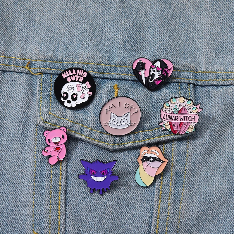 Custom witch bear tongue ghost call brooches pink punk enamel pins lapel badges gothic Halloween cartoon gift for friends