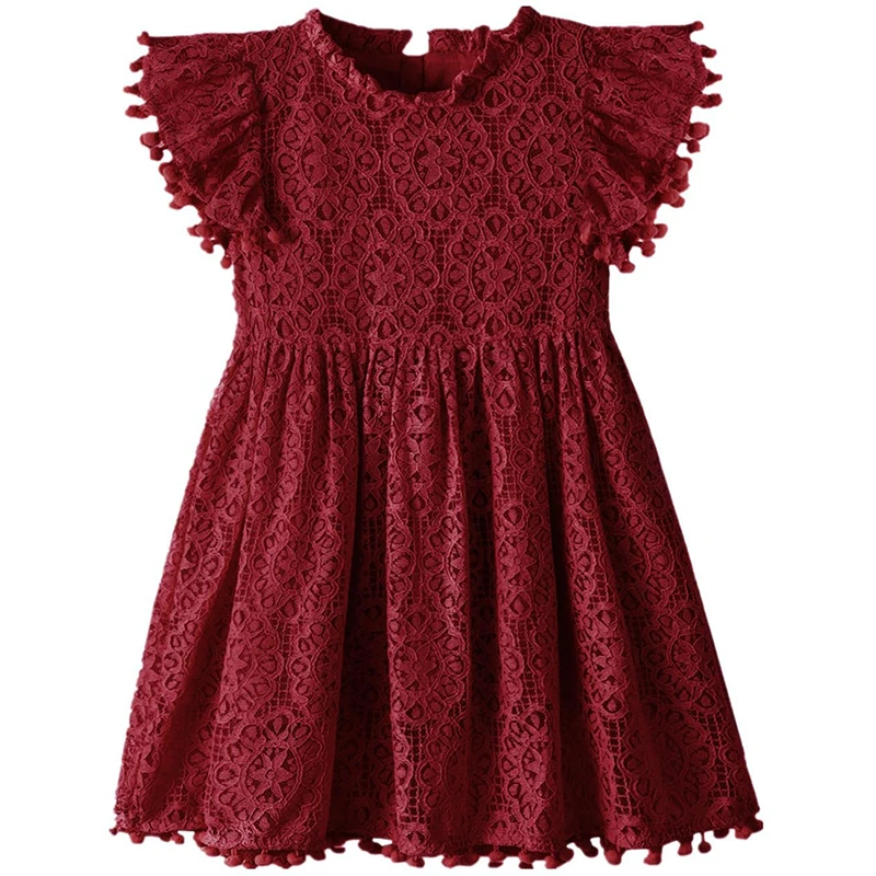 Dusty Color Kids Frocks Malaysia Kids Girls Cotton Pick Lace Long Summer Wedding Dresses Pom Pom O-Neck Party Style Age Children