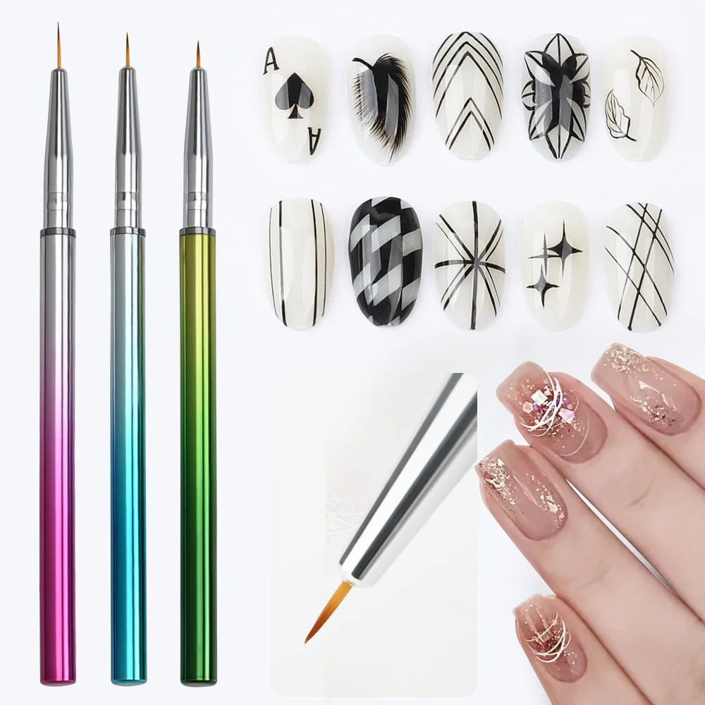 3Pcs 6/8/10mm Acrylic French Stripe Nail Art Liner Brush Set 3D Gradient Manicure Line Drawing Pen UV Gel Brushes Painting Tool