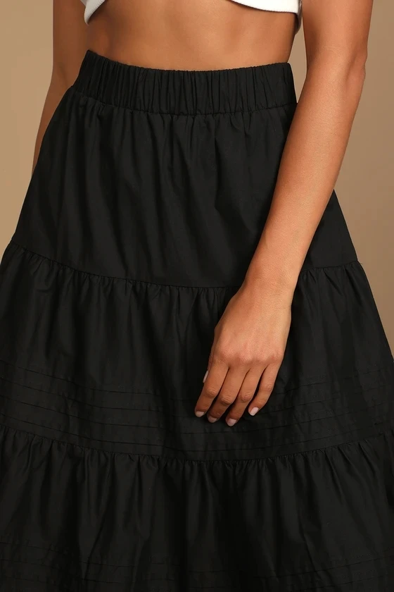  Perfect Tooling Black Midi Skirt 2021 New Cake Tiered High Waist A-line For