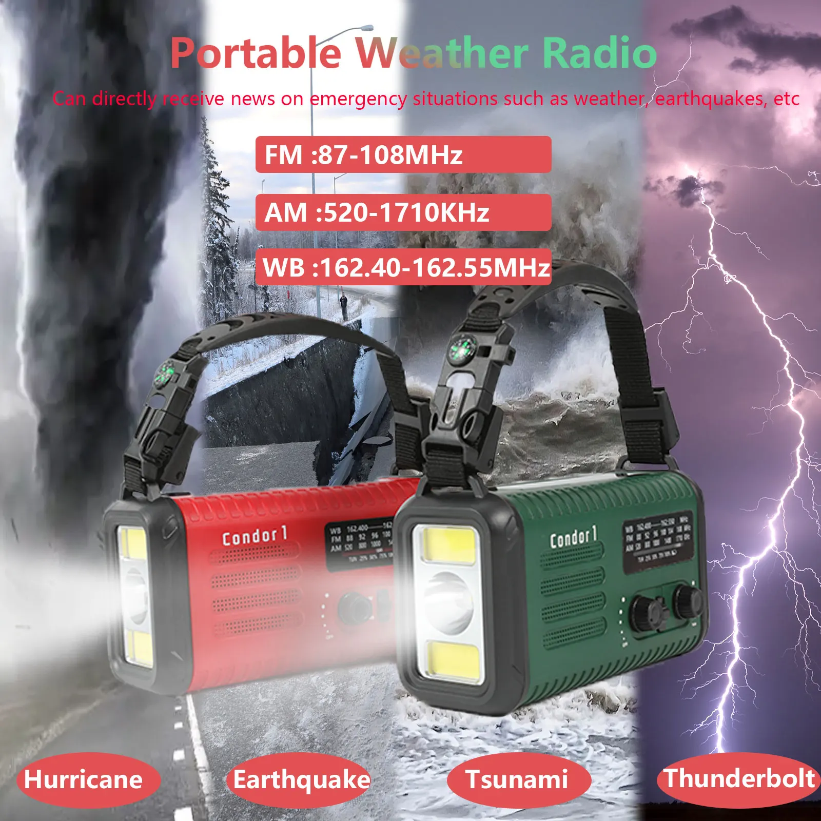 Portable 20000mAh LED Radio Emergency Weather Band AC Power Supply Solar Hand Crank USB SOS Alarm Digital Display Flashlight