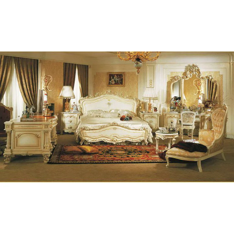 Hot selling European Luxury Classic Wooden Leather Gold Royal Beds Bedroom Furniture