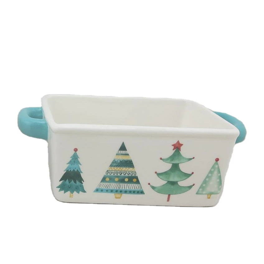 BONWILL Ceramic Bakeware Rectangular Cake Baking Pan Christmas Tree Casserole Dish Mini Loaf Pan with Handles Pie Pan