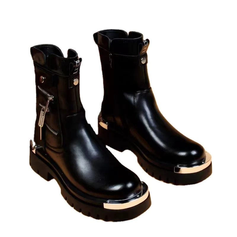 High top black short boots for men and girls, casual outdoor fashion, thick sole, height increasing, non slip, bare boots