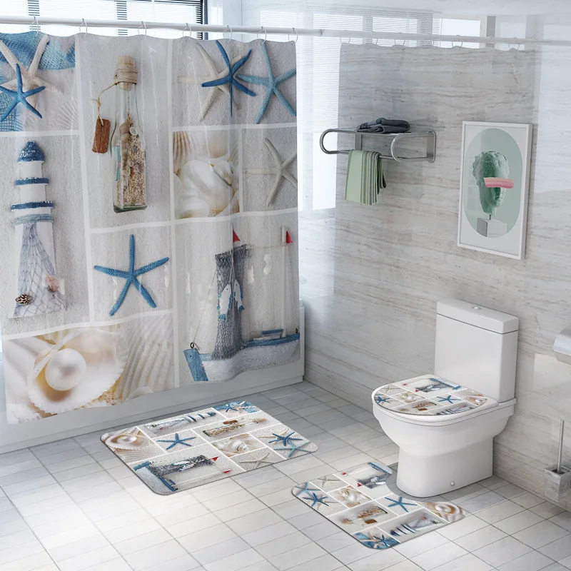 Wholesale 3D Print 4pcs Set 180x180CM Waterproof Shower Curtain Bath Rugs Carpet