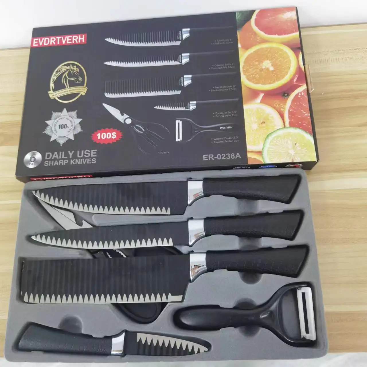 Wholesale Price Black wavy six-piece knife set 238A stainless steel kitchen knife set foreign trade color box gift box