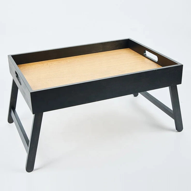 2022 Bamboo Bedroom Serving Tray With Handle Large Block Bed Tray Black Breakfast Table With Folding Legs