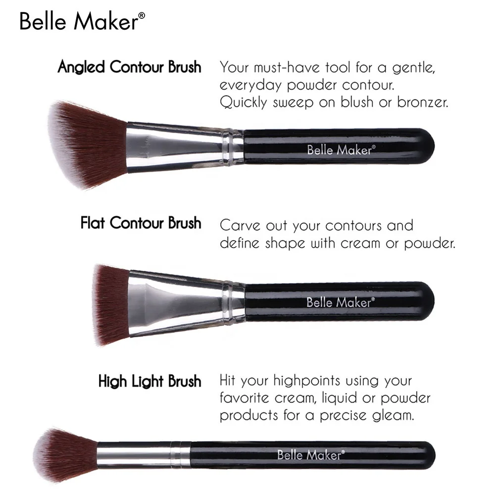 
Black shiny professional Wholesale custom logo fashion upscale glam 3 pcs makeup brush set, contour highlight powder blender 