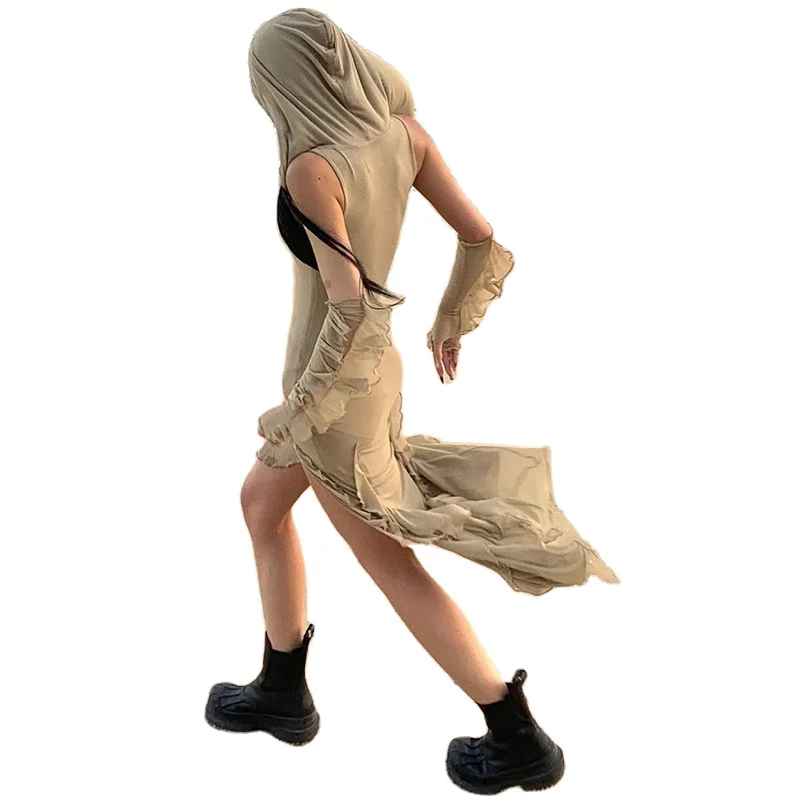 Waste Soil Style Sexy Polyester Solid Color Fashion Female Hooded Dress Maxi Thigh Split Dress Front Split Dress