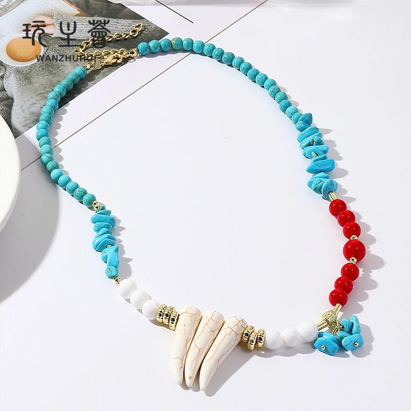 Wholesale Beautiful  Necklaces Shell Charm Bohemian Summer Beach Handmade Dainty Minimalist Tiny Choker Turquoise Color Rice Bea