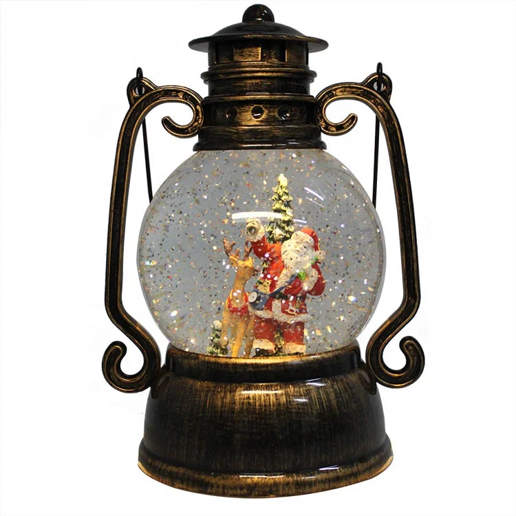 LED and Music Antique Bronze lighted indoor table Plastic glitter water ball Christmas Lantern with handle