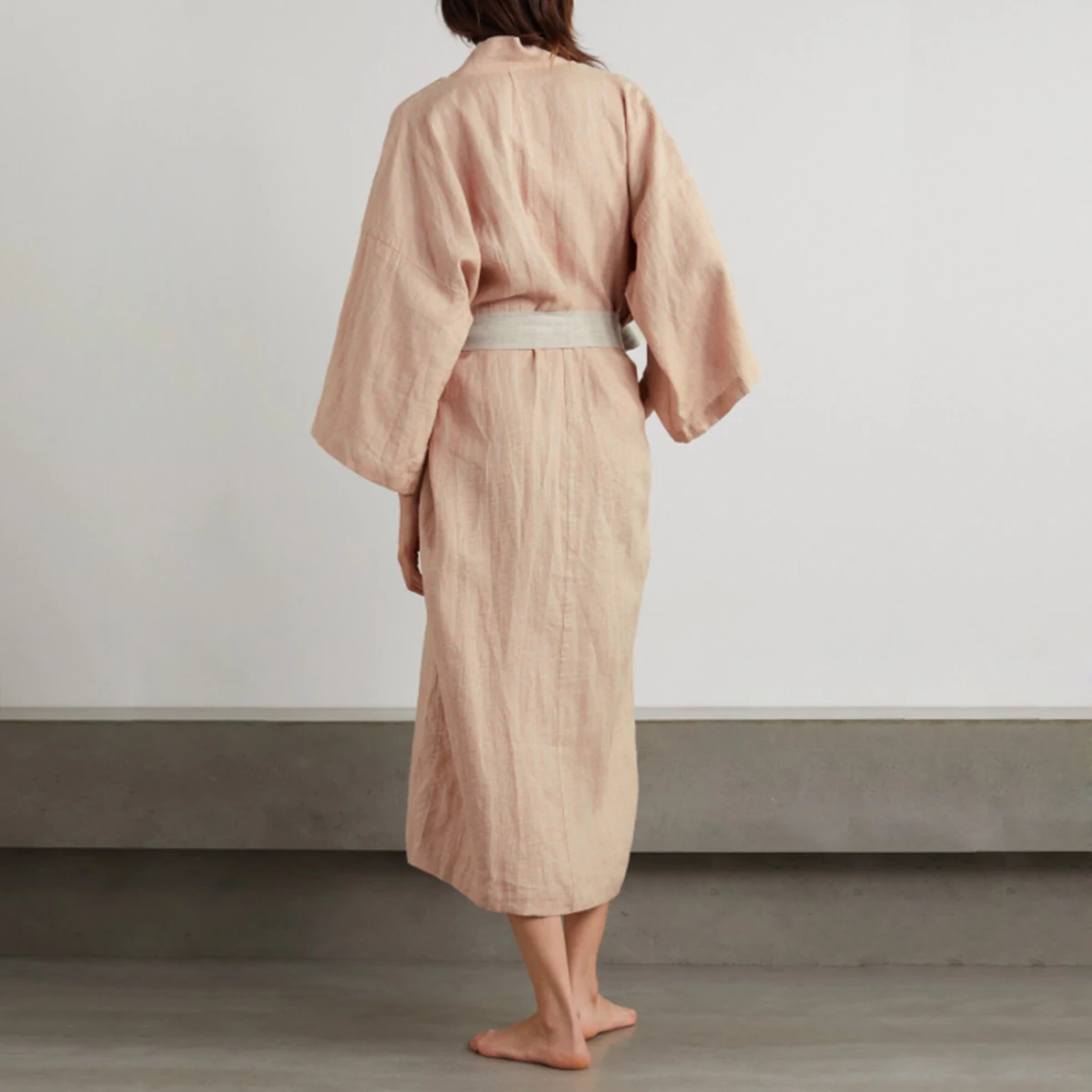 OEM Custom Luxury Linen Cotton Kimono Bathrobe Long Sleeve Long Robe Pajamas with Different Color Sash