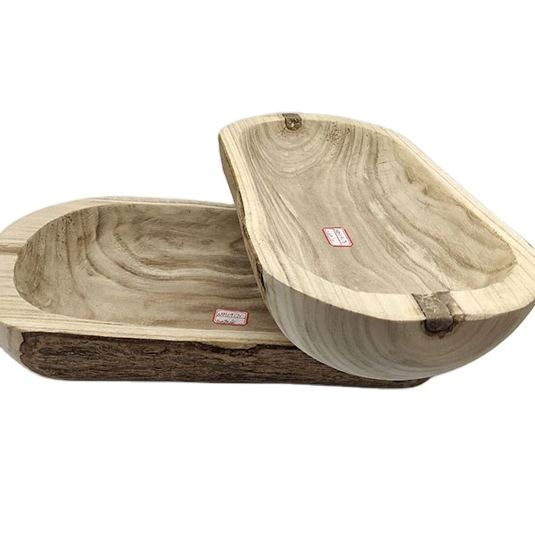 
Amazon Long Oval Paulownia wood tray with bark wood plant pot container wood tray 