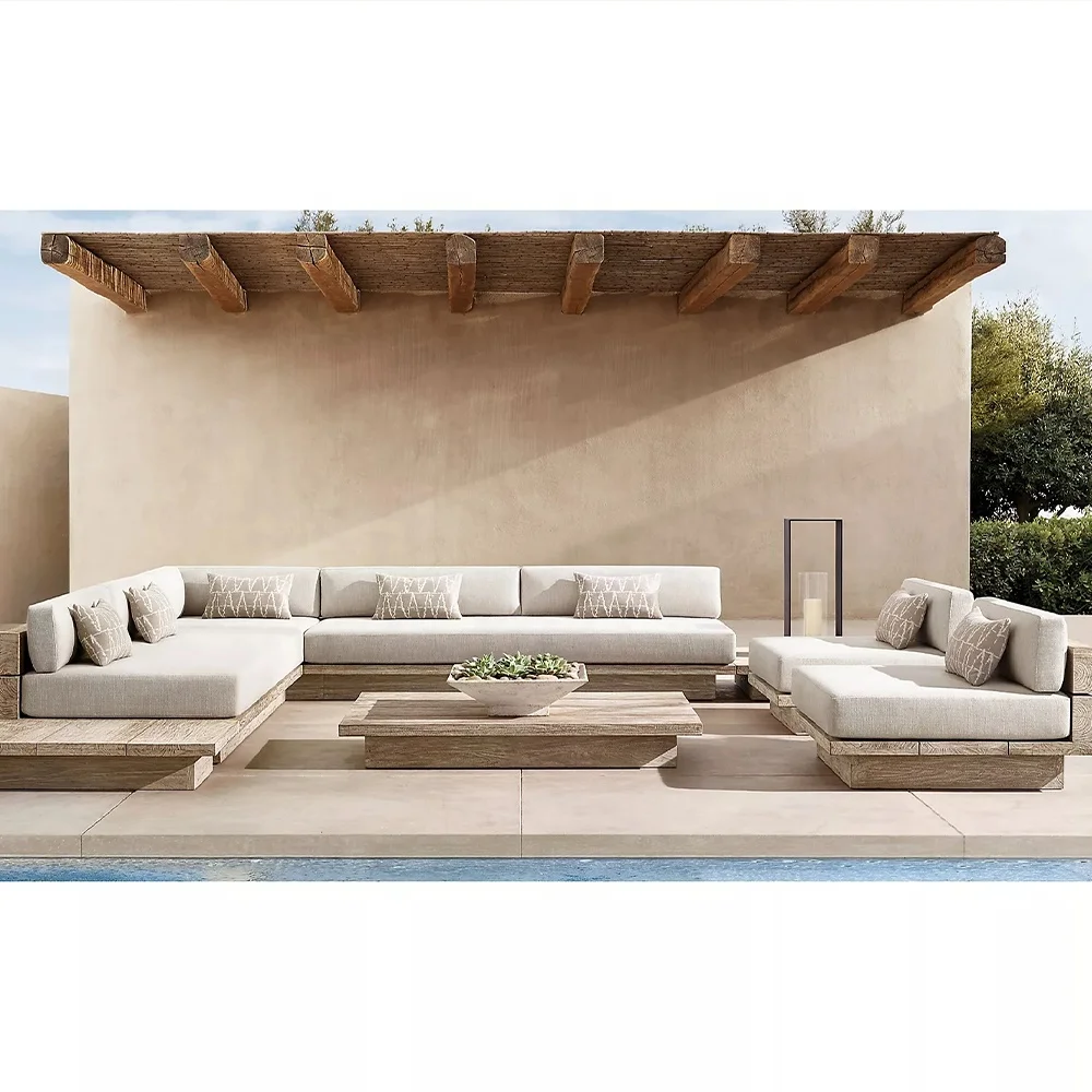 Factory Custom Modern Natural Weathered Outdoor Sectional Teak Modular Sofa Set Patio Solid Teak Wood Furniture for Hotel Villa