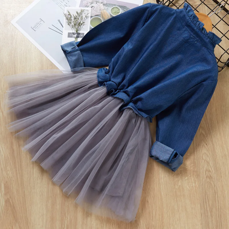 Hot Sale Spring Baby Girls Kids Clothing Solid Long Sleeve Denim Lace Dress Princess Dresses Cotton For Children Clothes Dress