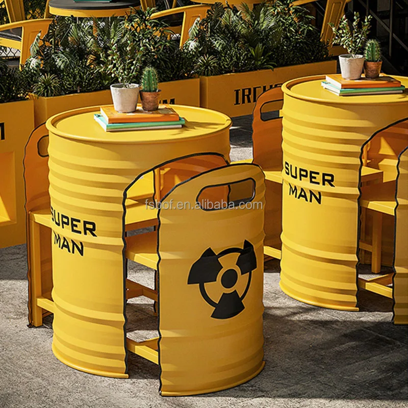 industrial oil drum design restaurant furniture table and chairs modern bar tables and chair save space