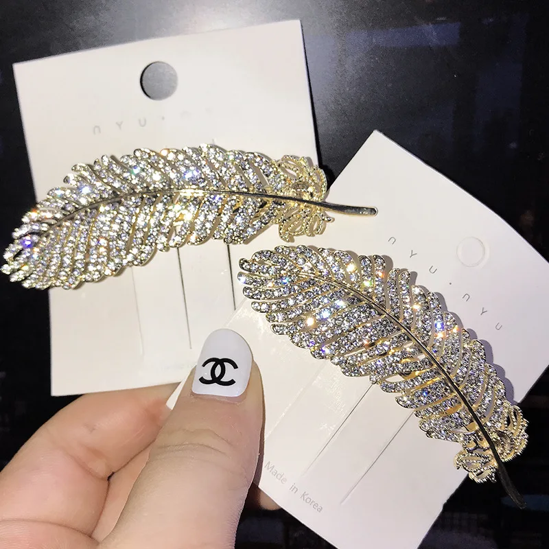 Alloy Top Clip Color Retaining Gold Bangs Clip Classical Headdress Rhinestone Feather Hairpin