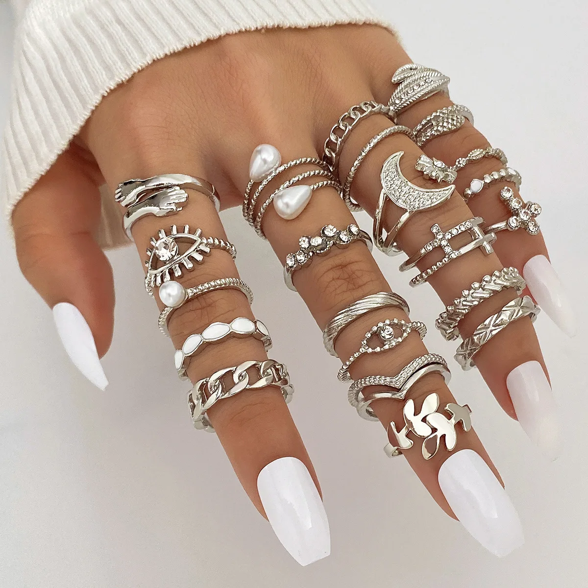 23pcs/set Creative Design Women Ladies Pearl Sun Moon Stainless Steel Stackable Gold Plated Diamond Cross Leaf Ring Set