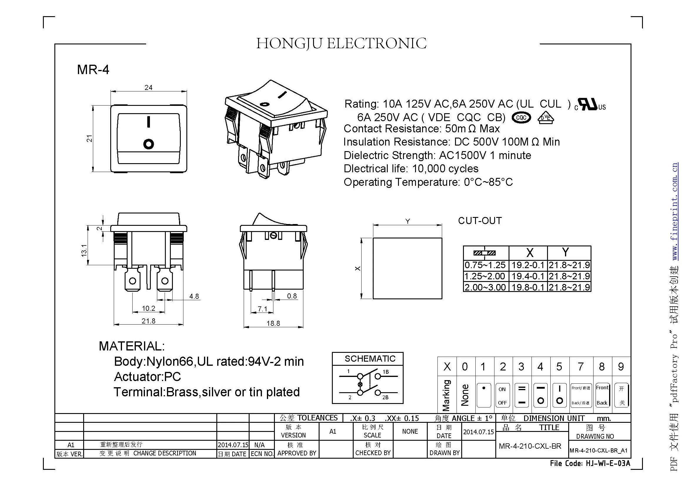 Hongju MR-4-210-C5L-BO 4 Terminals Square Button Switch Waterproof Electrical Equipment Rocker Switch