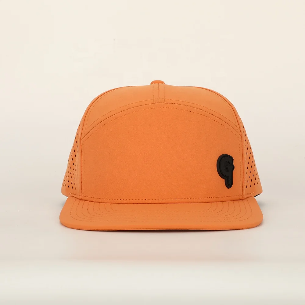 Wholesale High Quality Rubber Patch Logo 7 Panel Polyester Laser Cut Hole Hat Flat Brim Gorras Custom Waterproof Snapback Cap