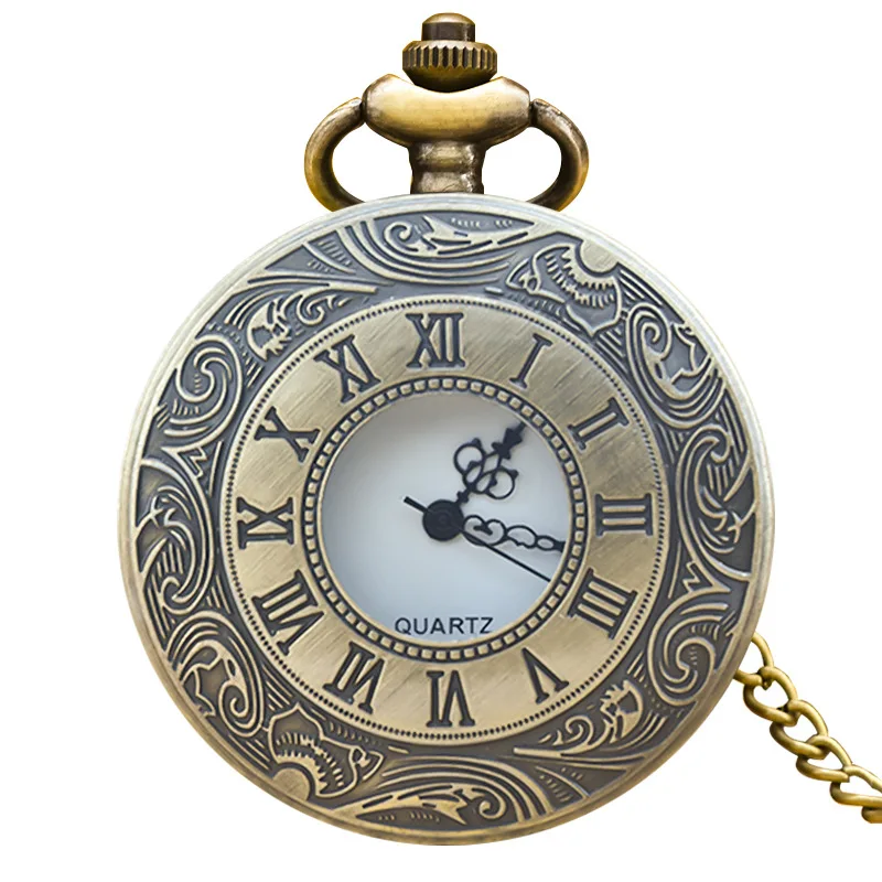 Bronze retro necklace pocket watch Roman commemorative hollow flip cover large waist chain quartz pocket watch necklace