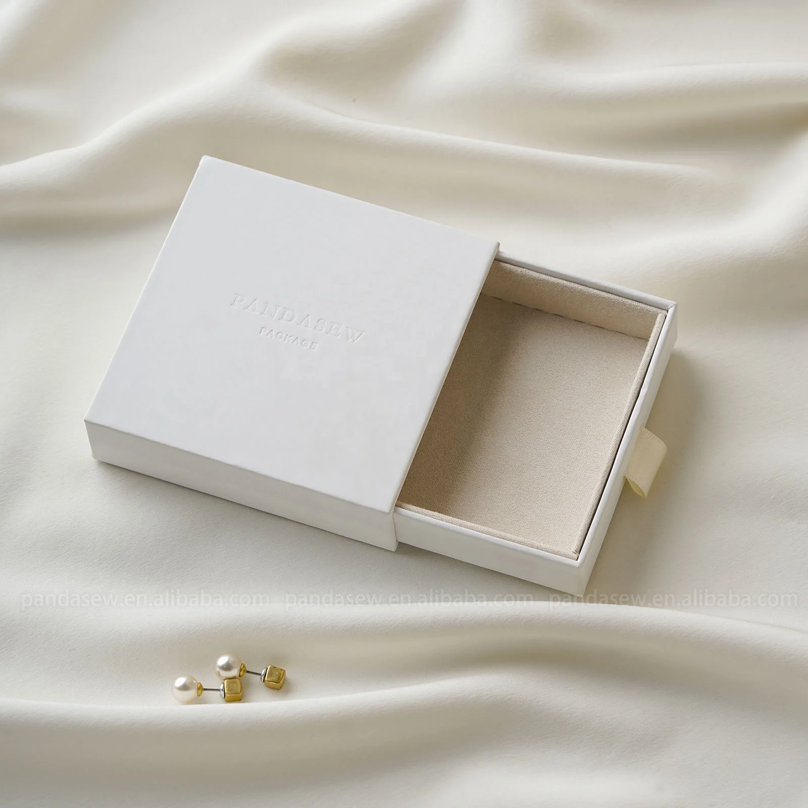 PandaSew Luxury Custom Logo Paper Jewelry Packaging Gift Drawer Box for Pendant with Microfiber Jewelry Pouch Insert Pad
