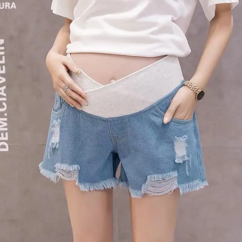 Fashion Summer Maternity Jeans Ladies Low-Rise Ripped Loose Stomach-Lift Jeans