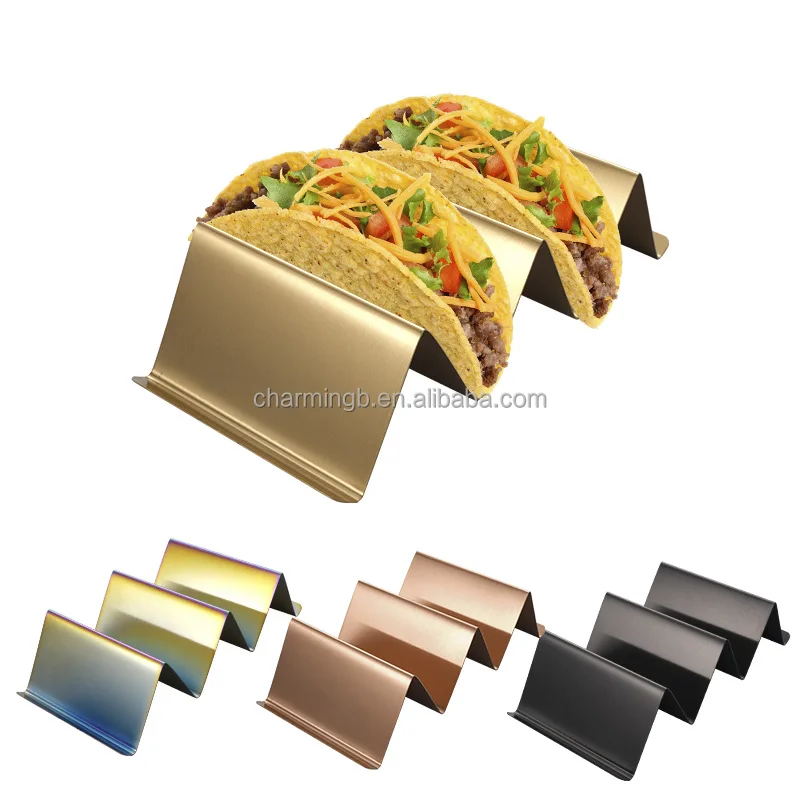 Wholesale stylish metal truck food rack plate tray shell set stainless steel stand taco holder