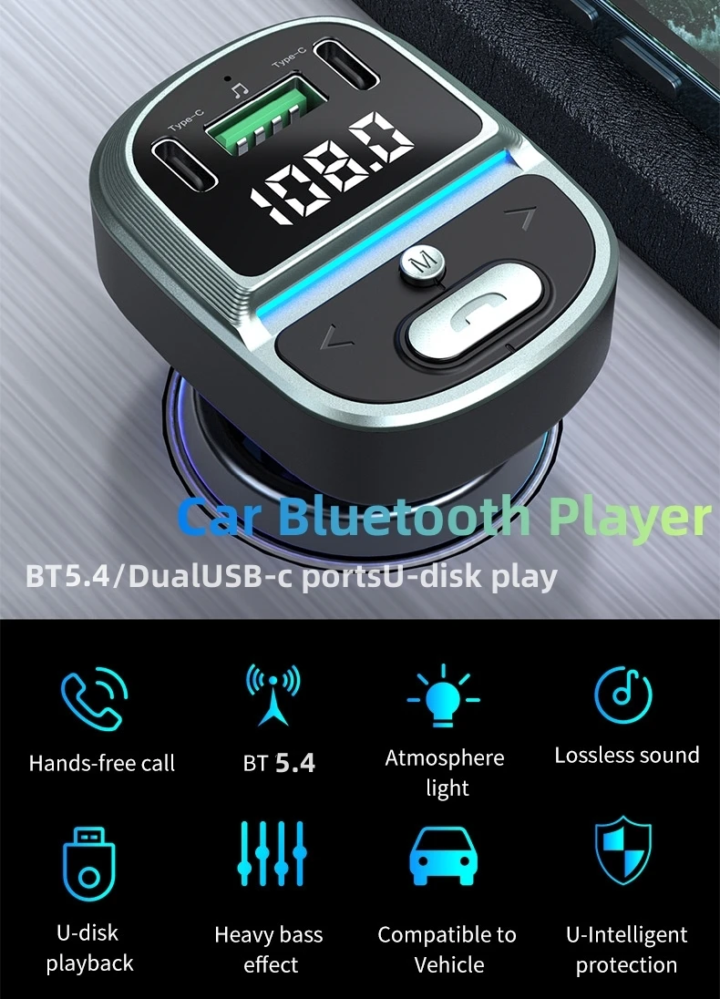New Bluetooth 5.4 Car FM Transmitter PD Type-C Dual USB Fast Charger Car Adapter Handsfree Radio Modulator MP3 Player